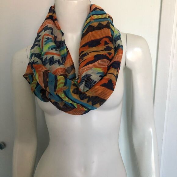 Aztec Pattern Infinity Lightweight Scarf Wrap Orange blue lime - Picture 3 of 7